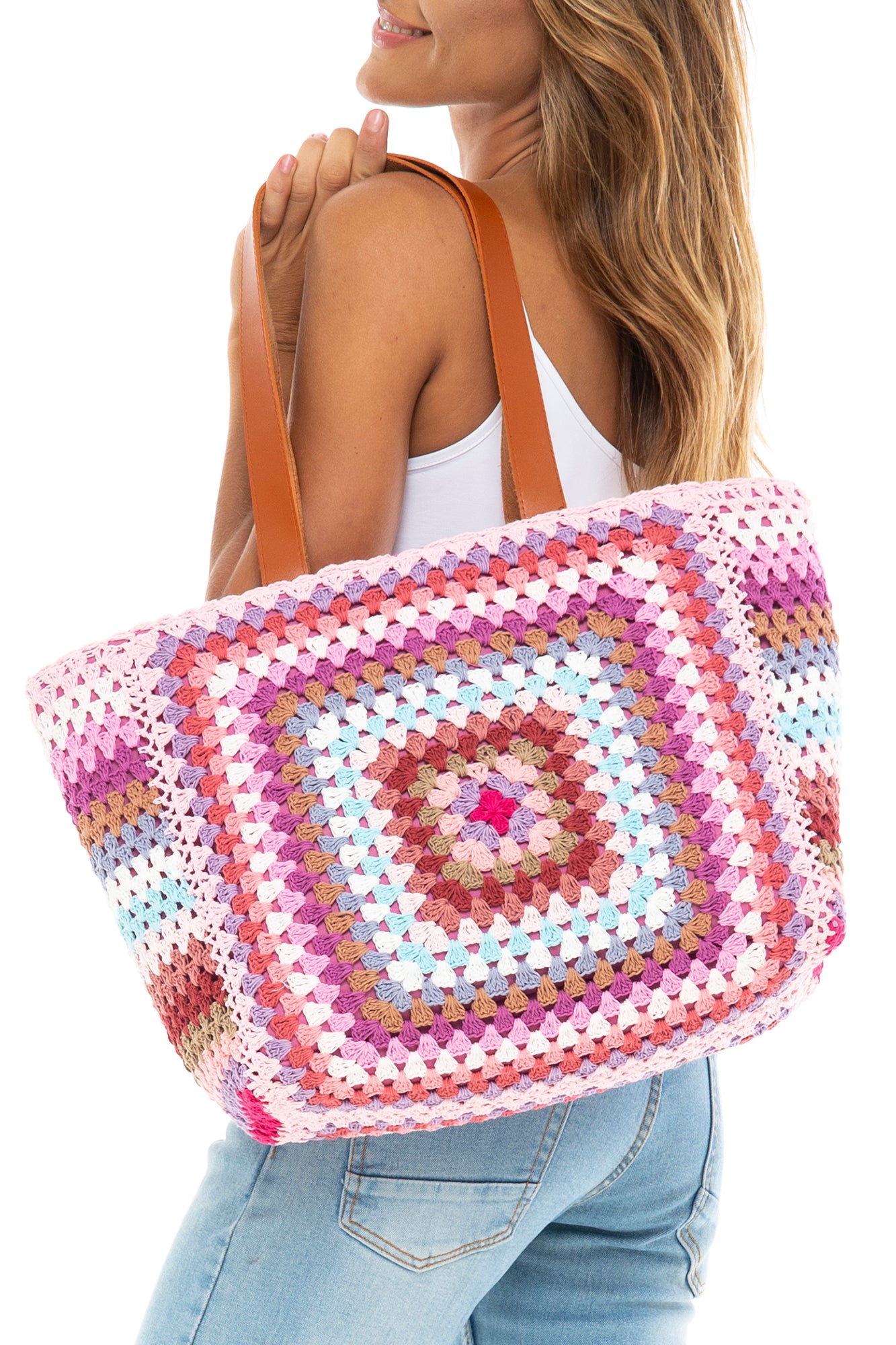 Large Over the Shoulder Hand Crochet Tote Bag - Fully Lined with