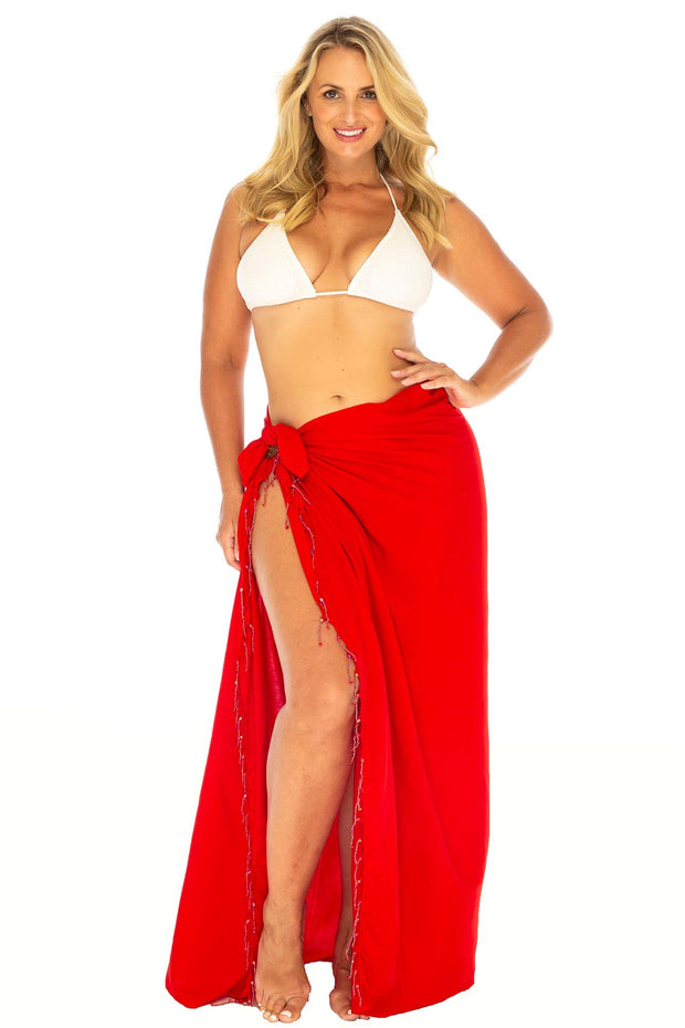 Plus Size Sarong Beaded Swimsuit Cover Up Beach Wrap Skirt with Coconut Clip Fits Sizes 1X-4X