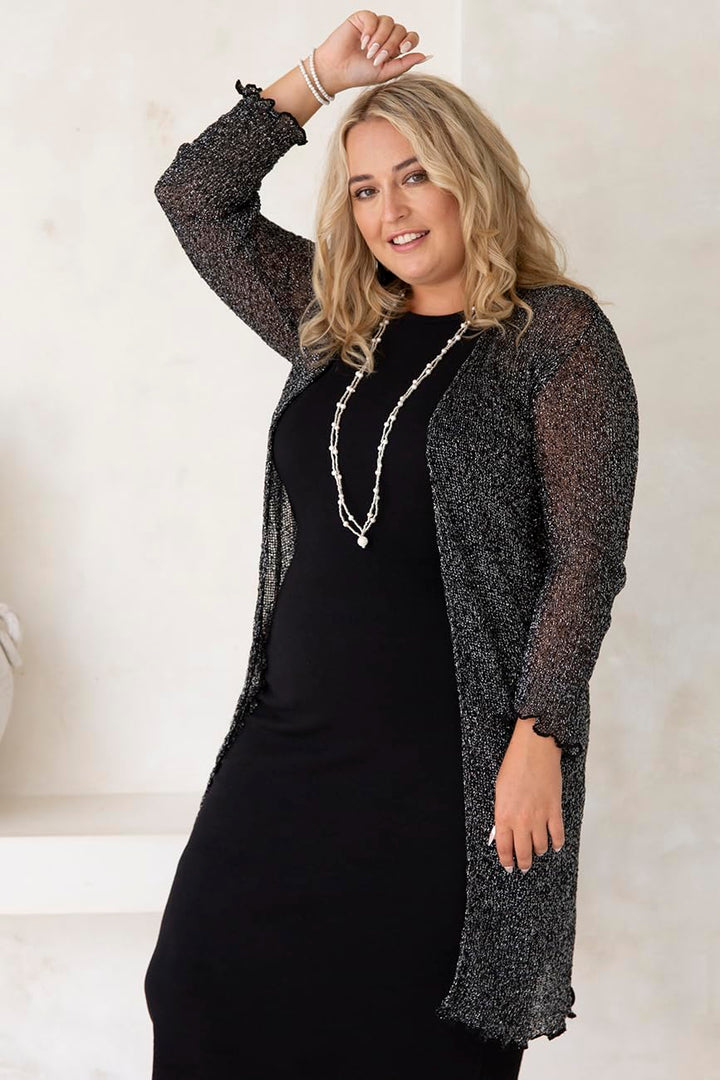 Plus Size Metallic Sheer Long Open Front Shrug