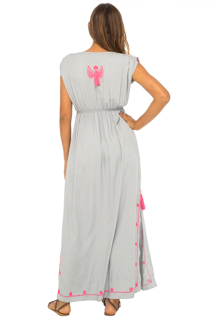 Womens Long Maxi Dress Boho Embroidered Sleeveless Summer Sundress Deep V Neck