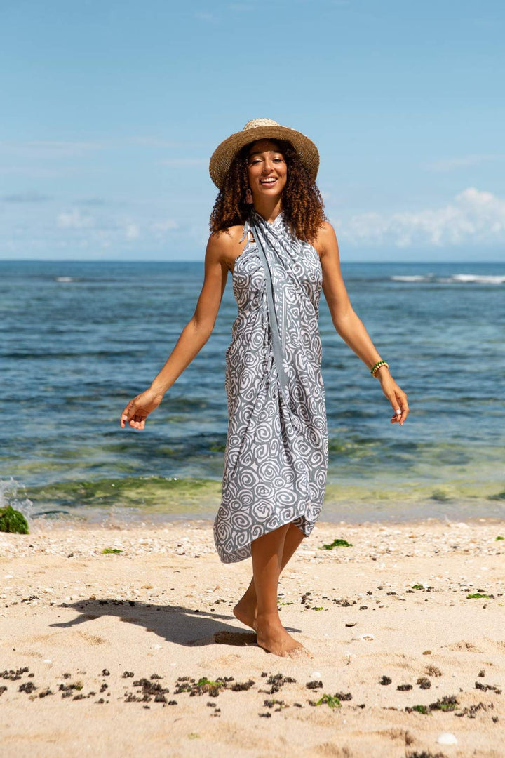 Back From Bali Womens Sarong Wrap Swimsuit Beach Cover Up Boho Navy White Bikini Pareo with Coconut Clip Rayon