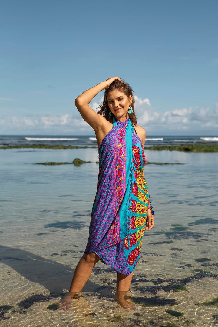Peacock Print Sarong Cover up Wrap & Clip