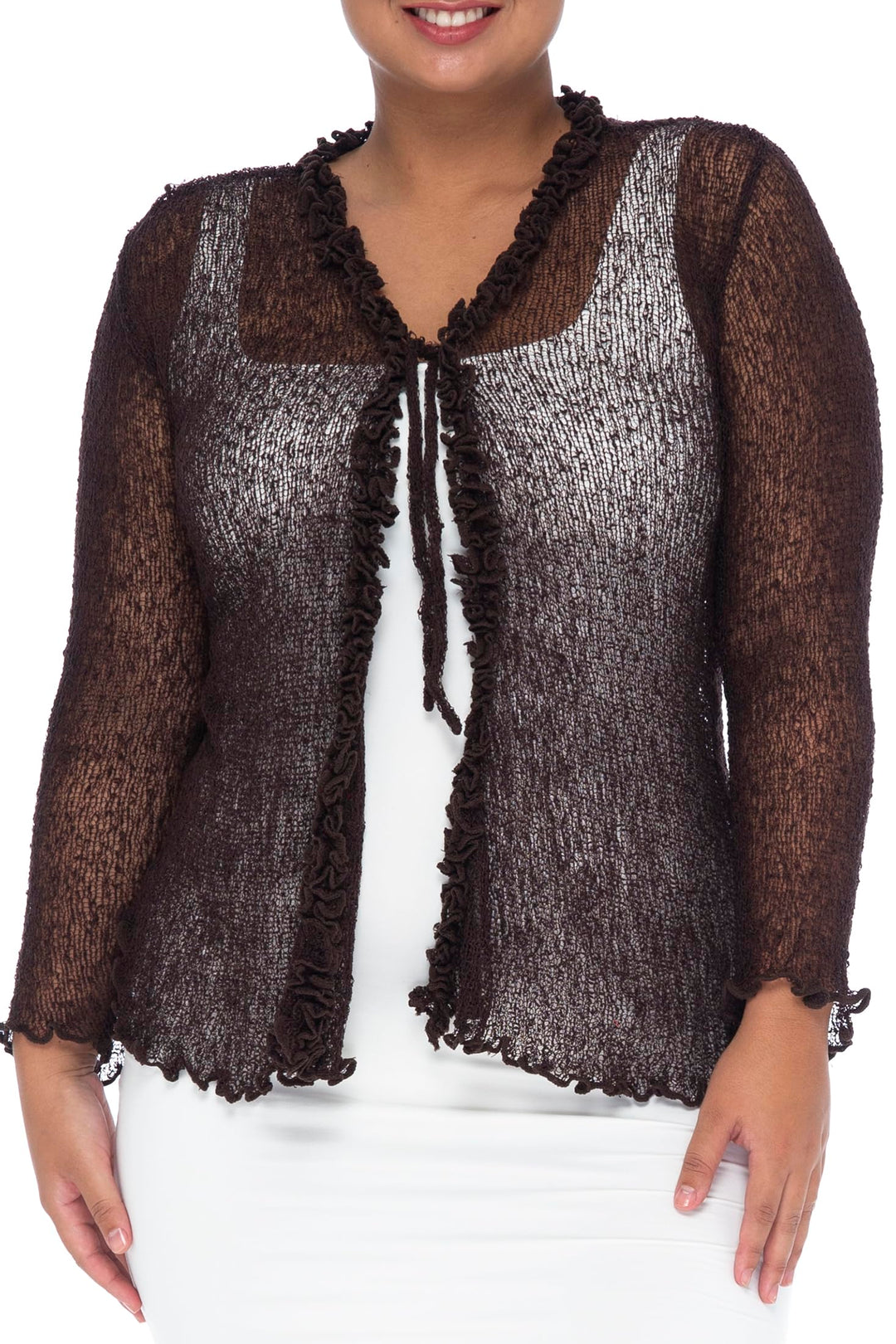 Back From Bali Womens Plus Size Ruffle Shrug Bolero Sheer Cardigan Arm Cover 2X 3X 4X Lightweight (Brown)