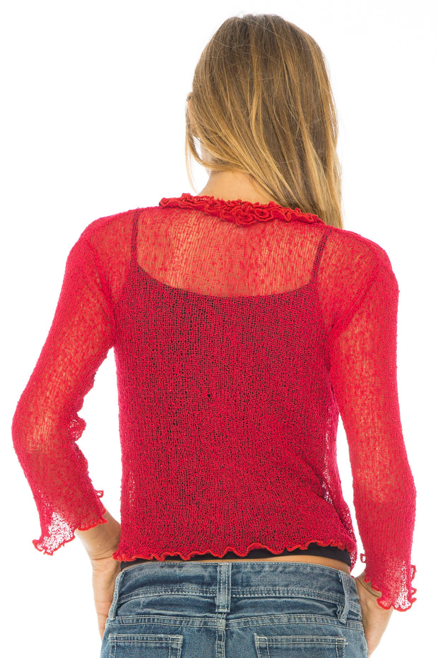 Womens Sheer Shrug Cardigan Sweater Ruffle Lightweight Knit