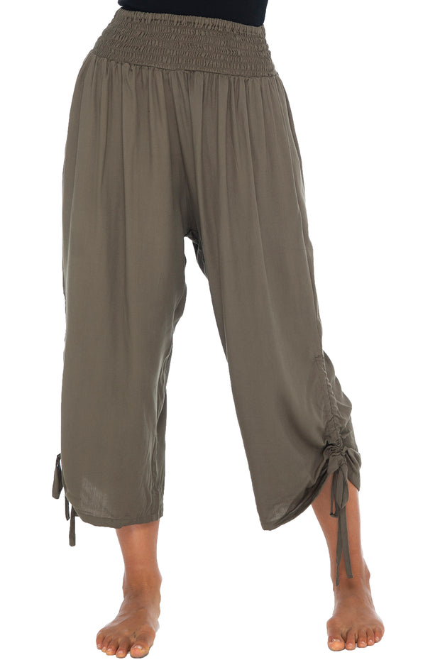 Womens Boho Wide Leg Loose Pants Cropped Rayon Summer Beach Pants Smocked Waist (S-4XL)