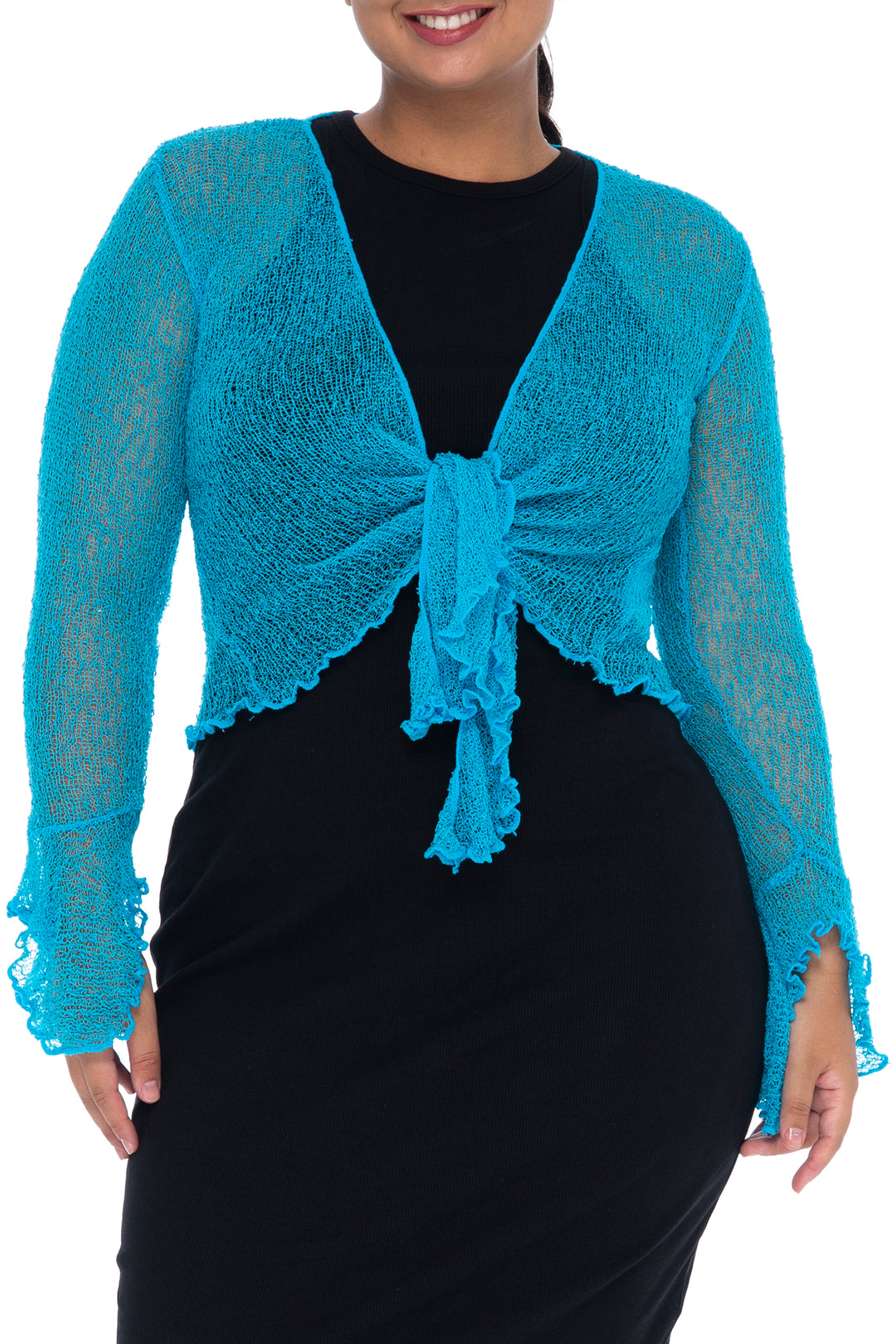 Turquoise Cropped Cardigan Plus Size Long Bell Sleeved Cropped