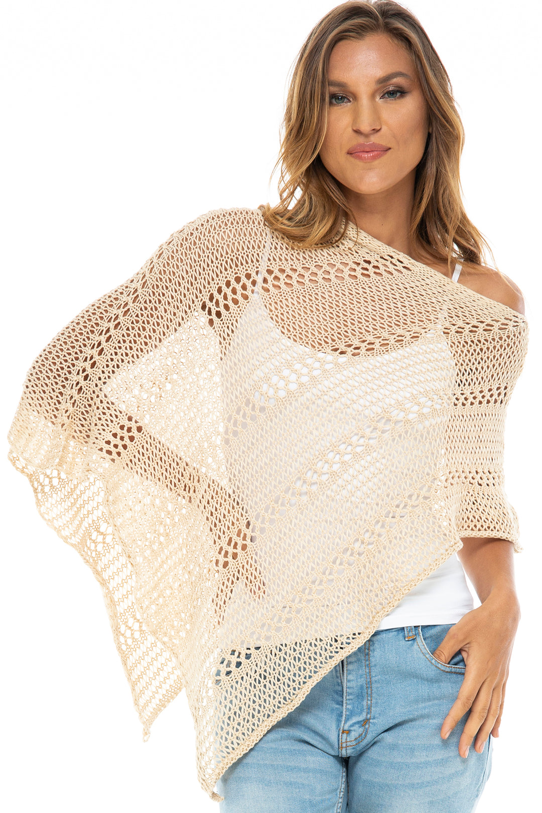 Knitted Poncho Beige Poncho Sweater Camel Check Colour Block Knit