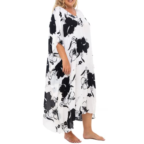 Back From Bali Womens Plus Size Swimwear Cover Up Long Floral Hibiscus Beach Kaftan with Sequins Rayon