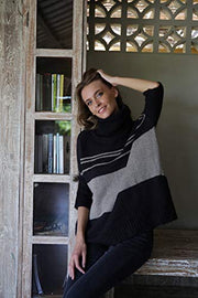 Womens Turtleneck Loose Fit Tunic Sweater ¾ Sleeve Oversized Black Knit Striped Pullover Top