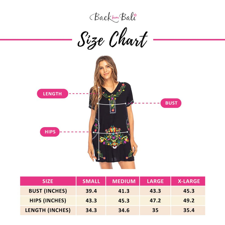 Womens Mexican Embroidered Dress Short Casual Boho Summer Floral Tunic Top Shift with Pockets Rayon