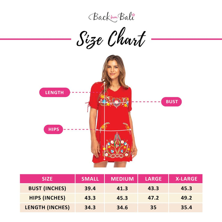 Womens Mexican Embroidered Dress Short Casual Boho Summer Tunic Shift Red Floral Swimsuit Cover Up Rayon