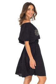 Womens Off Shoulder Boho Embroidered Dress Short Ruffle Beach Sundress