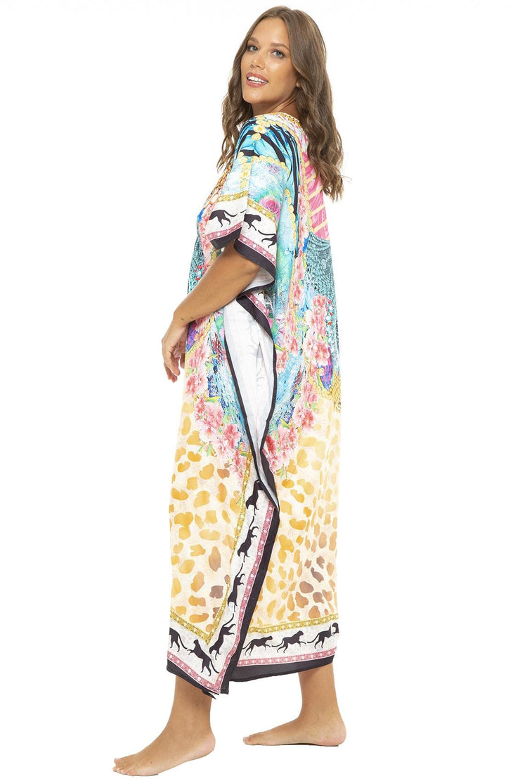 Womens Plus Size Print Kaftan Long Casual Boho Maxi Dress Beach Caftan Swimsuit Cover Up