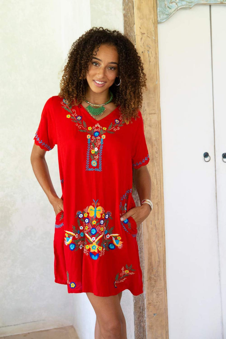 Womens Mexican Embroidered Dress Short Casual Boho Summer Floral Tunic Top Shift with Pockets Rayon