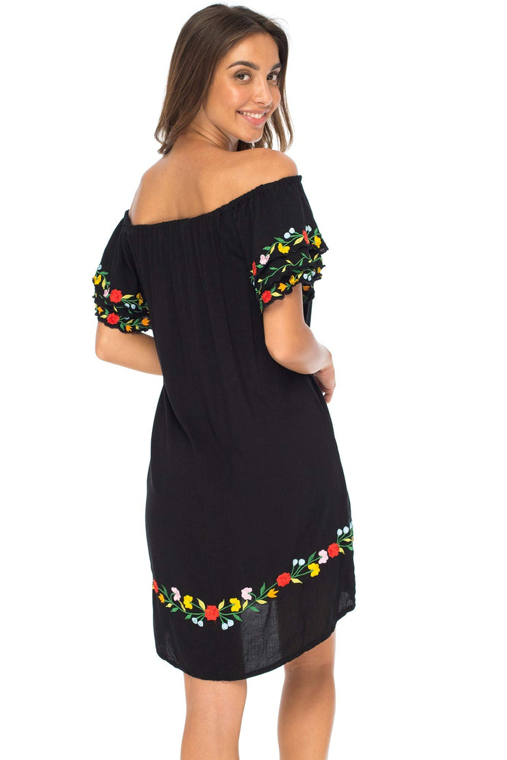Womens Off Shoulder Short Mexican Embroidered Dress Floral Boho Peasant Dress Tunic Top