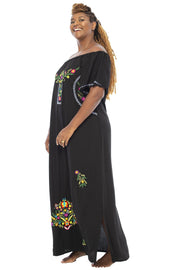 Womens Plus Size Long Mexican Embroidered Dress Off Shoulder Maxi Boho Peasant Dress