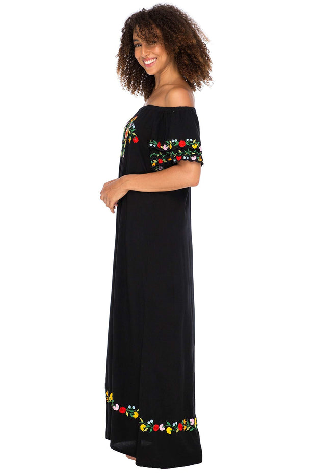 Womens Off Shoulder Long Mexican Embroidered Dress Maxi Boho Floral Summer Peasant Dress