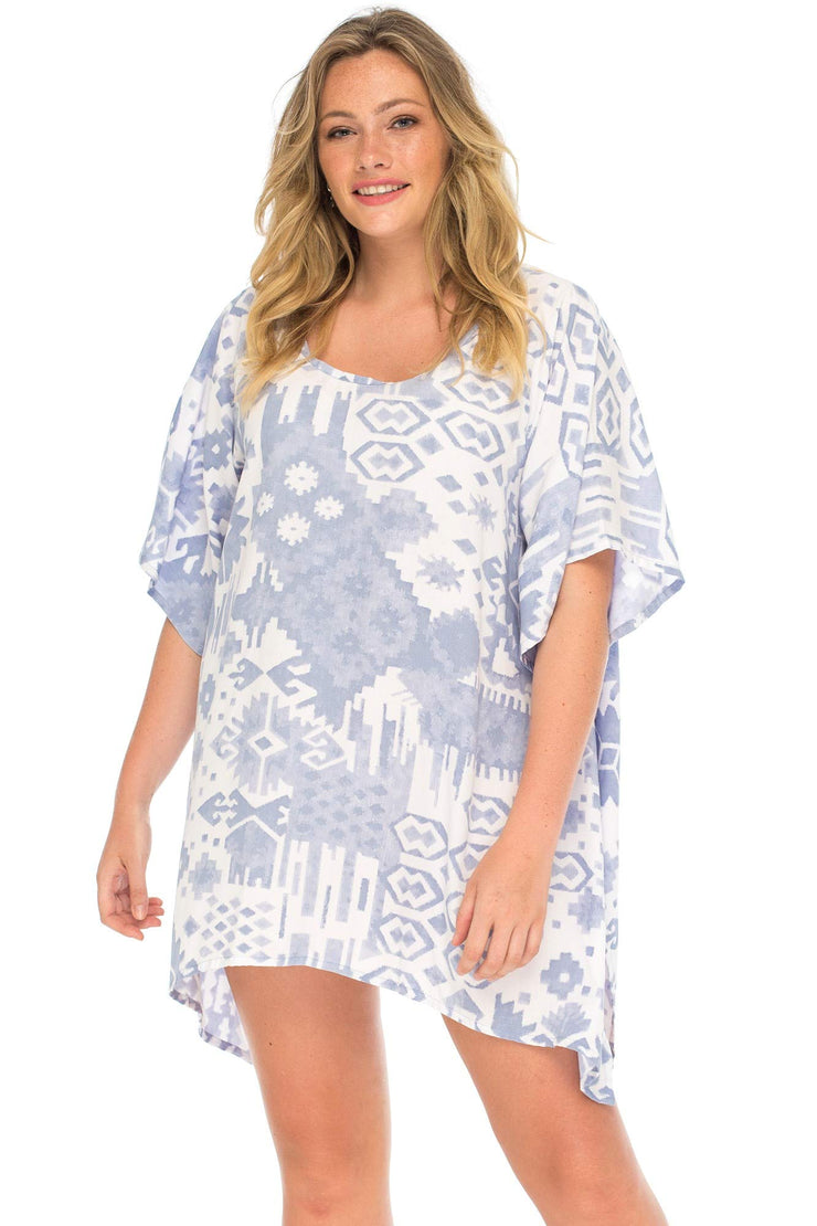 Womens Boho Print Plus Size Beach Dress Loose Fit Tunic Top Asymmetrical Hem Bohemian Swimsuit Cover Up