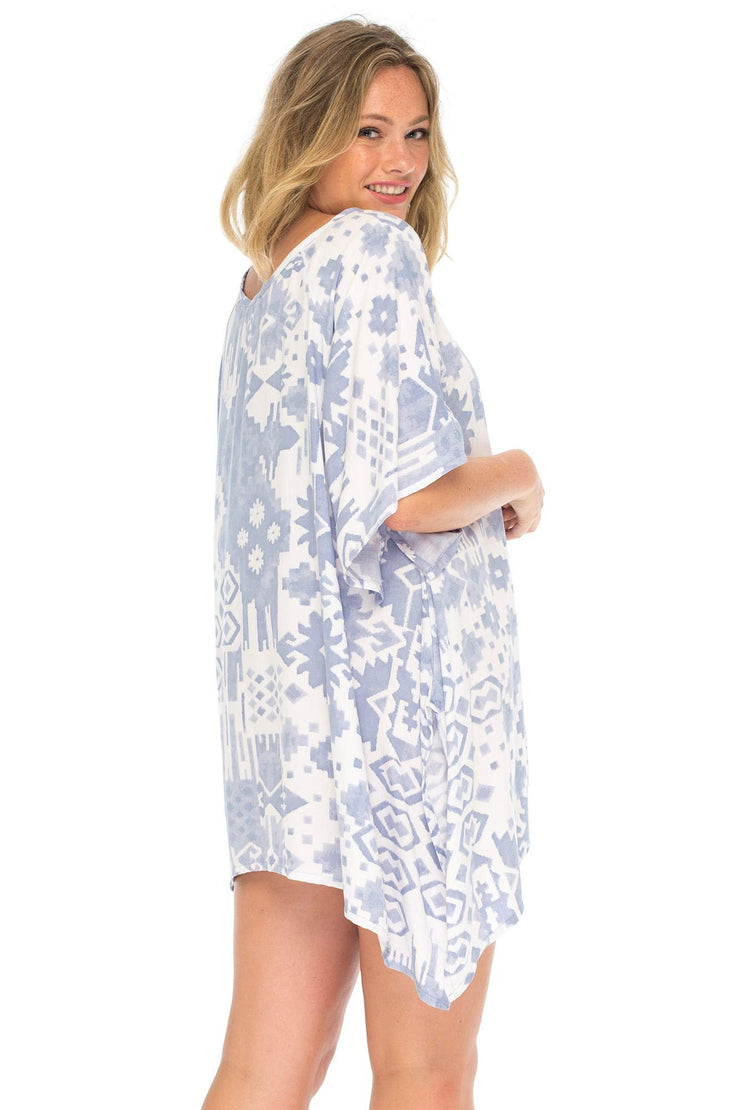 Womens Boho Print Plus Size Beach Dress Loose Fit Tunic Top Asymmetrical Hem Bohemian Swimsuit Cover Up