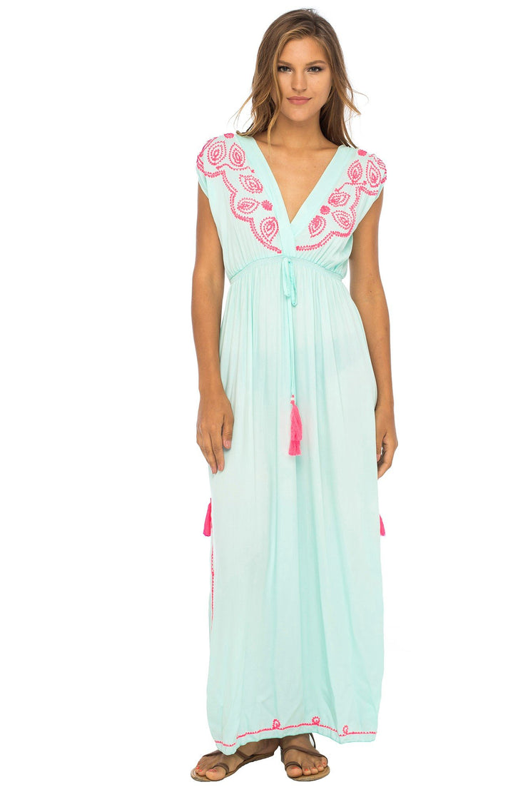 Womens Long Maxi Dress Boho Embroidered Sleeveless Summer Sundress Deep V Neck