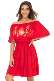 Womens Off Shoulder Boho Embroidered Dress Short Ruffle Beach Sundress
