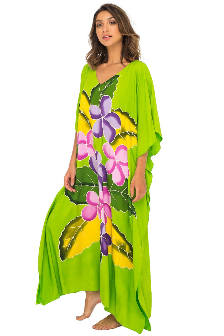 Womens Long Maxi Beach Cover Up Caftan, Frangipani Floral Dress, Summer Beach Poncho