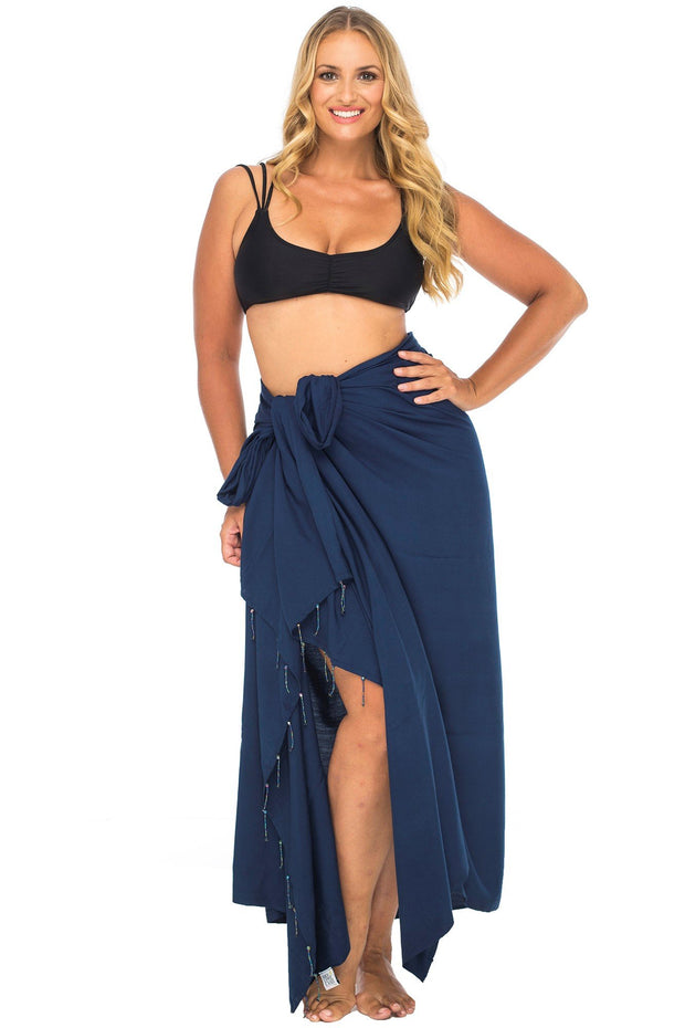 Plus Size Sarong Beaded Swimsuit Cover Up Beach Wrap Skirt with Coconut Clip Fits Sizes 1X-4X