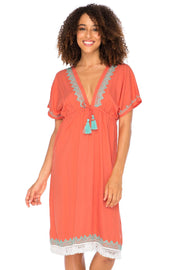 Womens Boho V Neck Beach Dress Loose Fit Casual Embroidered Tunic Sundress Swimsuit Cover Up