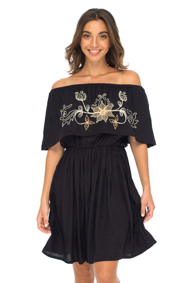 Womens Off Shoulder Boho Embroidered Dress Short Ruffle Beach Sundress