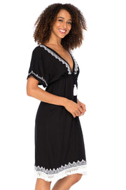 Womens Boho V Neck Beach Dress Loose Fit Casual Embroidered Tunic Sundress Swimsuit Cover Up