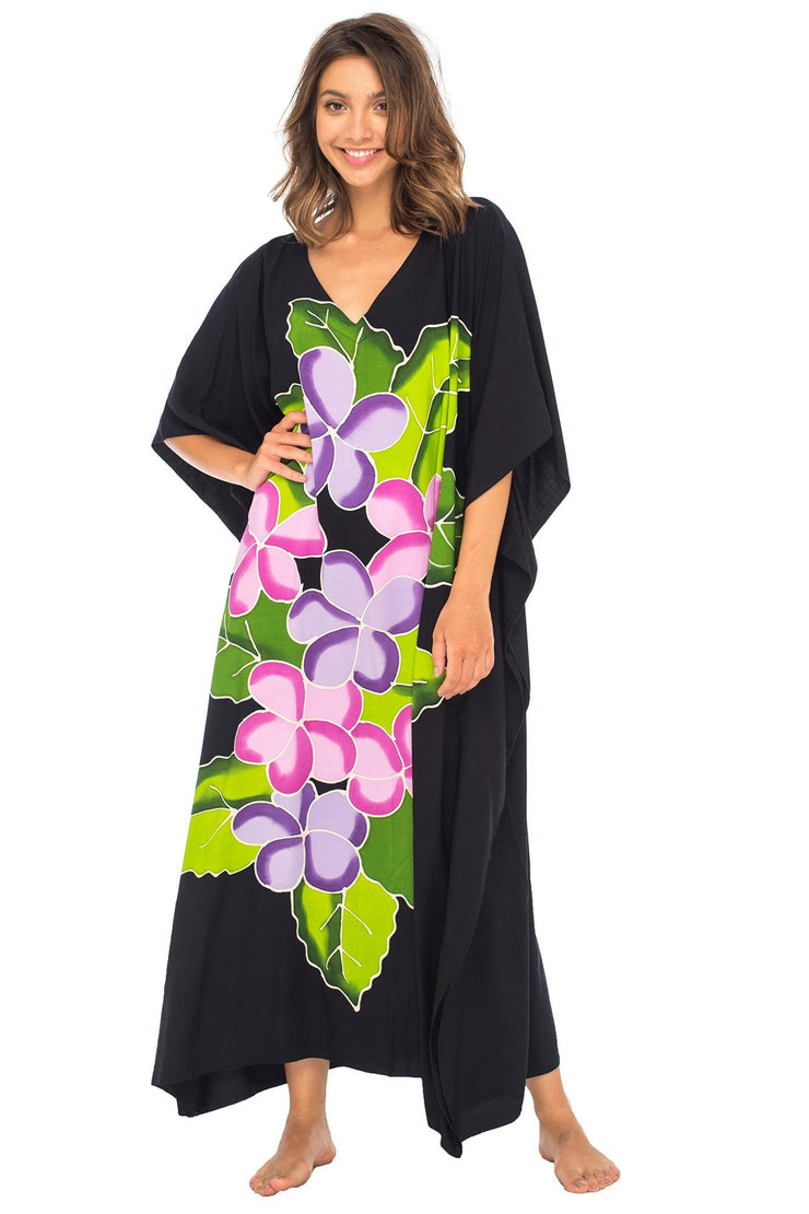 Womens Long Maxi Beach Cover Up Caftan, Frangipani Floral Dress, Summer Beach Poncho