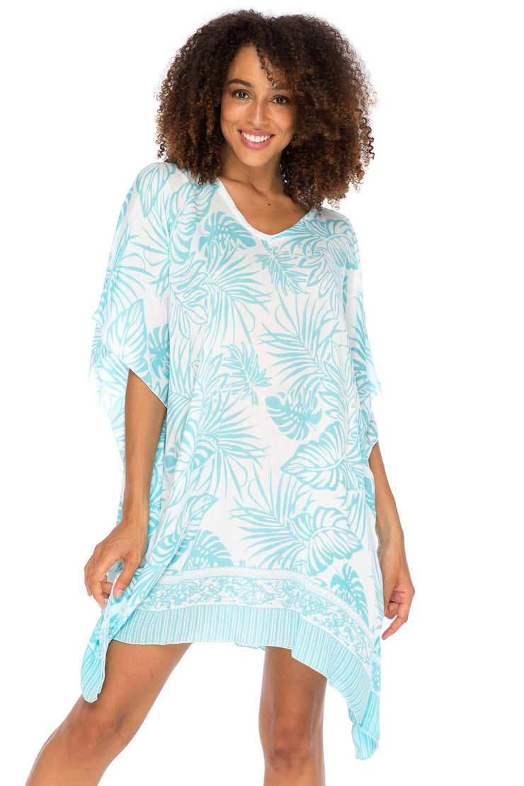 Womens Boho Swimsuit Cover Up Beach Dress Tunic Top Bohemian Leaf Print Short Kaftan