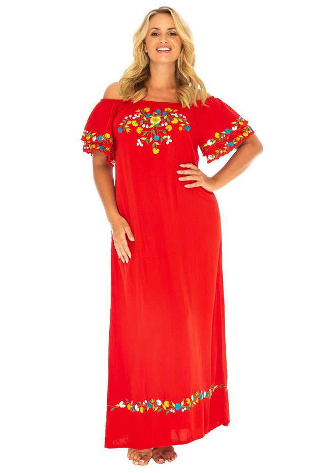 Womens Long Mexican Embroidered Dress Plus Size Maxi Boho Floral Summer Kaftan Cover Up Rayon