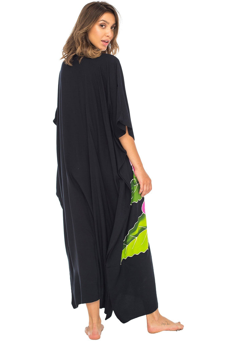 Womens Long Maxi Beach Cover Up Caftan, Frangipani Floral Dress, Summer Beach Poncho