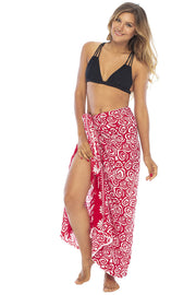 Back From Bali Womens Sarong Wrap Swimsuit Beach Cover Up Boho Red White Bikini Pareo with Coconut Clip Rayon