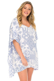 Womens Boho Print Plus Size Beach Dress Loose Fit Tunic Top Asymmetrical Hem Bohemian Swimsuit Cover Up