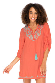 Womens Boho Embroidered Loose Fit Tunic Dress V-Neck with Tassel Tie Casual Bohemian Swimsuit Cover Up