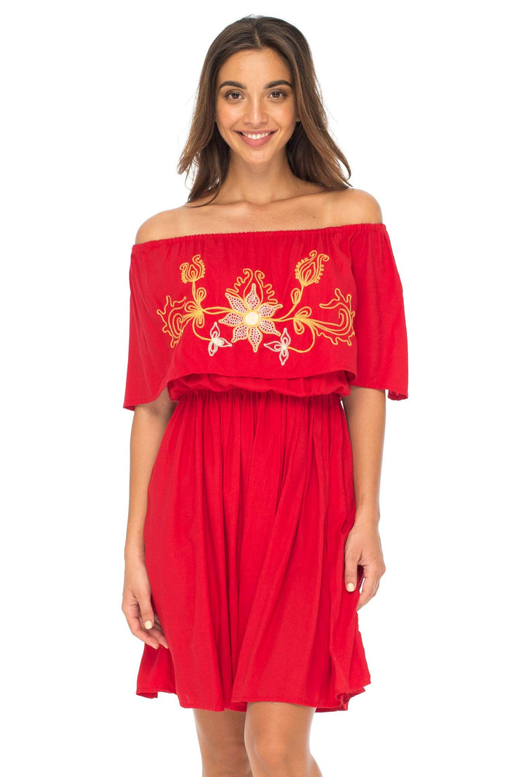 Womens Off Shoulder Boho Embroidered Dress Short Ruffle Beach Sundress