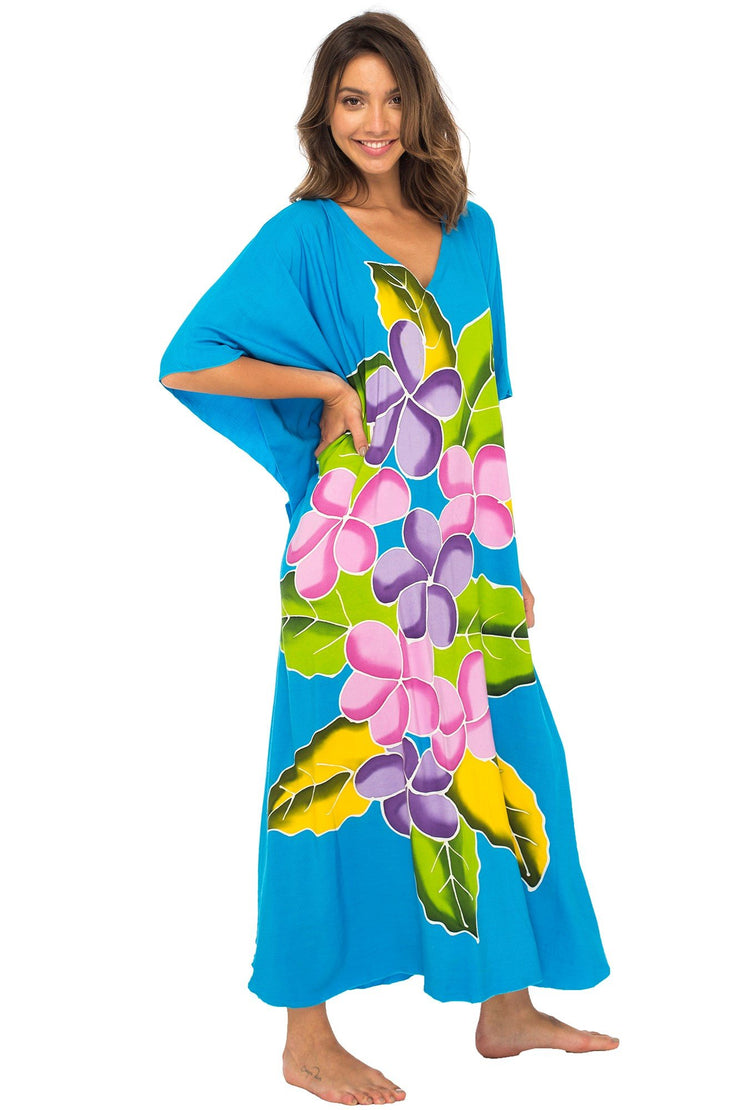 Womens Long Maxi Beach Cover Up Caftan, Frangipani Floral Dress, Summer Beach Poncho