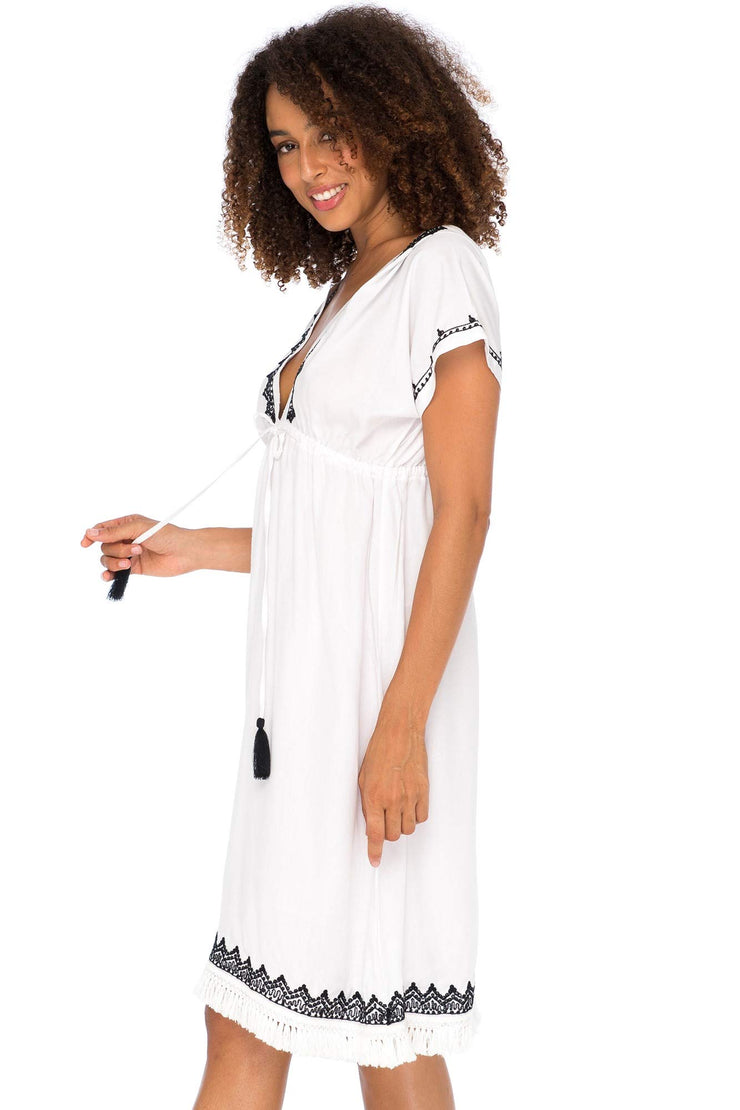Womens Boho V Neck Beach Dress Loose Fit Casual Embroidered Tunic Sundress Swimsuit Cover Up