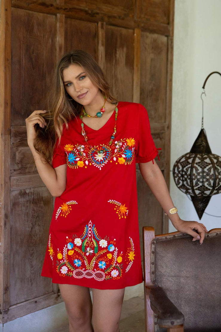 Womens Mexican Embroidered Dress Short Casual Boho Summer Tunic Shift Red Floral Swimsuit Cover Up Rayon