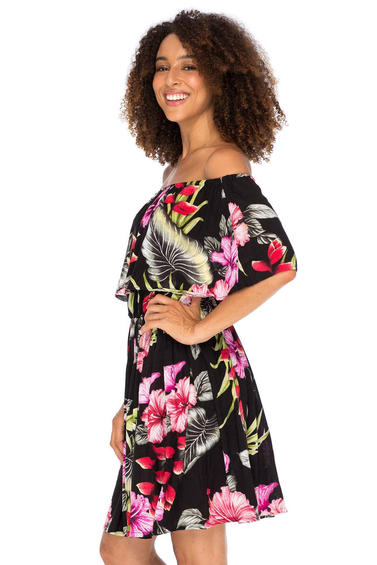 Womens Off Shoulder Floral Print Boho Dress Short Ruffle Beach Sundress