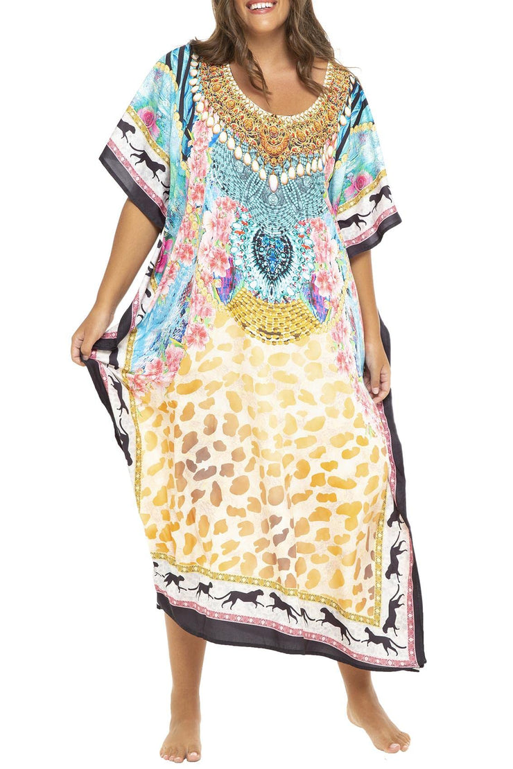 Womens Plus Size Print Kaftan Long Casual Boho Maxi Dress Beach Caftan Swimsuit Cover Up