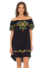 Womens Off Shoulder Short Mexican Embroidered Dress Floral Boho Peasant Dress Tunic Top