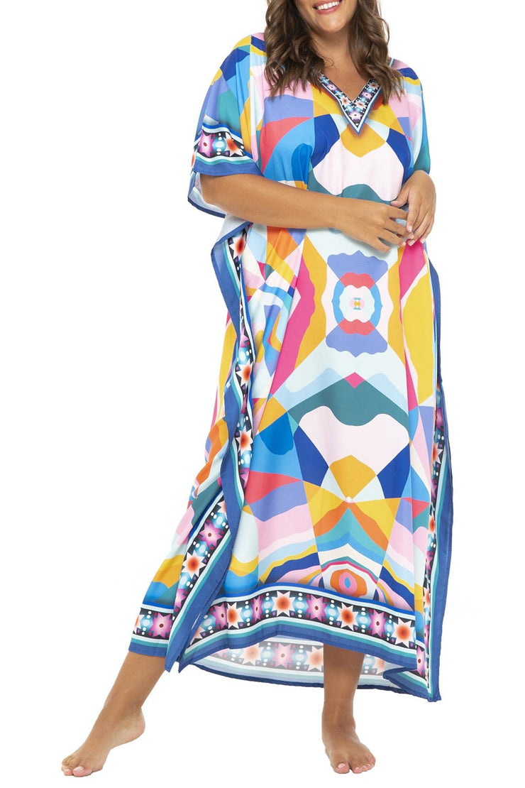 Womens Plus Size Print Kaftan Long Casual Boho Maxi Dress Beach Caftan Swimsuit Cover Up