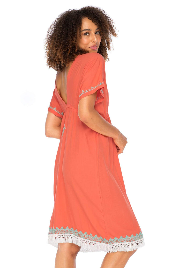 Womens Boho V Neck Beach Dress Loose Fit Casual Embroidered Tunic Sundress Swimsuit Cover Up