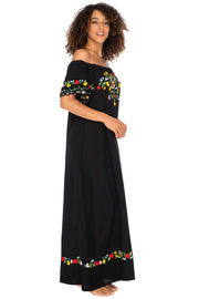 Womens Off Shoulder Long Mexican Embroidered Dress Maxi Boho Floral Summer Peasant Dress