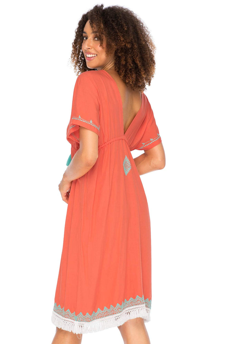 Womens Boho V Neck Beach Dress Loose Fit Casual Embroidered Tunic Sundress Swimsuit Cover Up