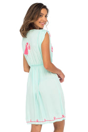 Womens Dress Boho Embroidered Sleeveless Summer Sundress Deep V Neck Midi Short Dress