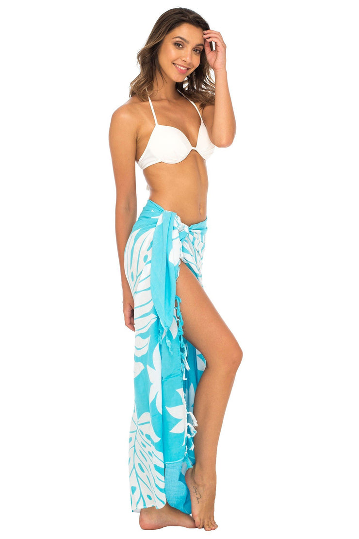 Womens Sarong Swimsuit Cover Up Floral Beach Wear Bikini Wrap Skirt with Coconut Clip Leaf Floral Turquoise